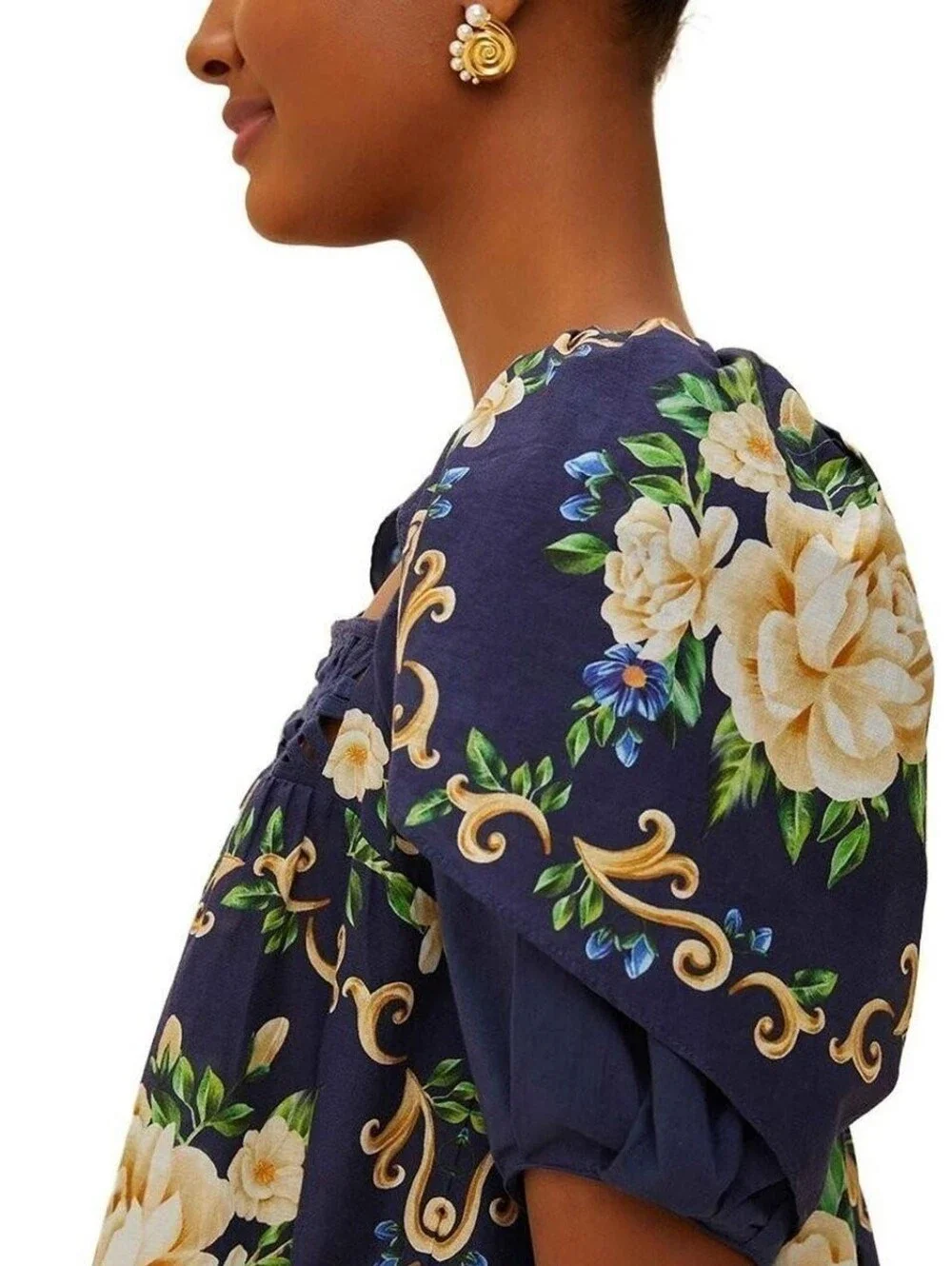 NWT FARM RIO® Floral Square-Neck Navy Women’s Top- M